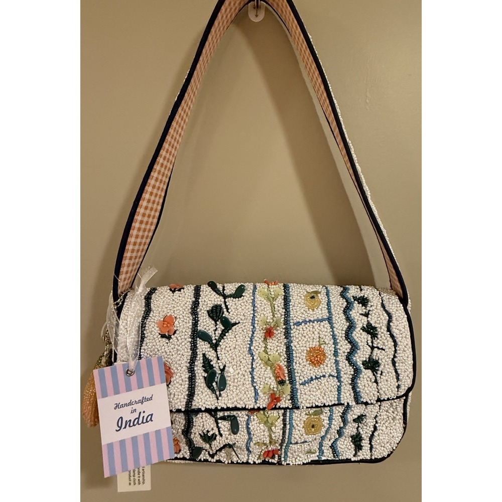 New Release Handcrafted In India Orange‎ Tangerine Gingham Beaded Bag Viral